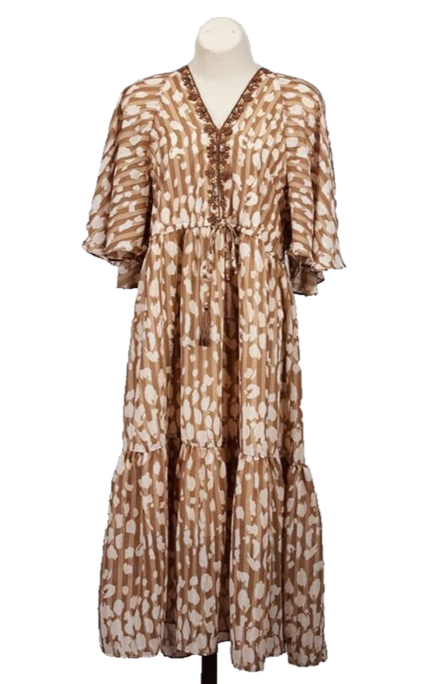 NWT Kaktus Women's XXL Boho Tiered Maxi Dress Beaded V-Neck Flutter Sleeve